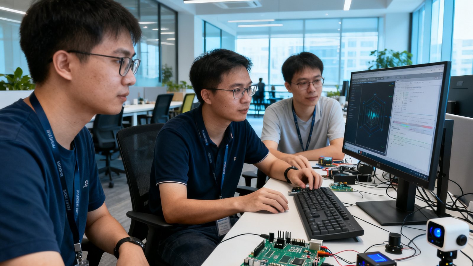 WM视讯深圳总部开放式办公区研发团队正在协作调试AI识别算法与硬件设备