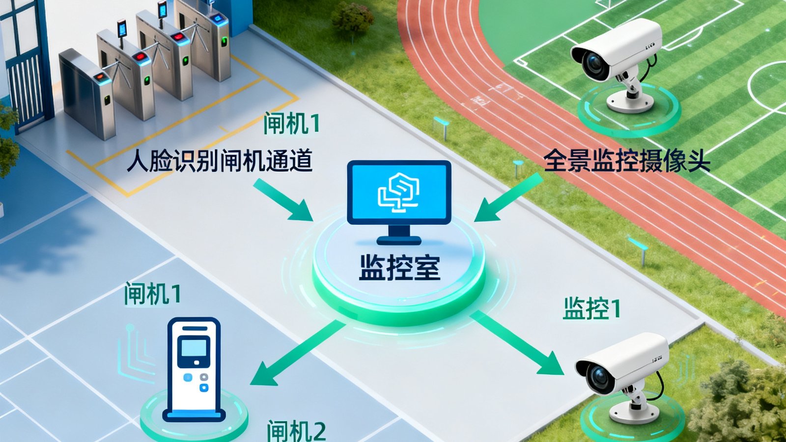 校园门口人脸识别闸机通道与操场区域全景监控覆盖示意图