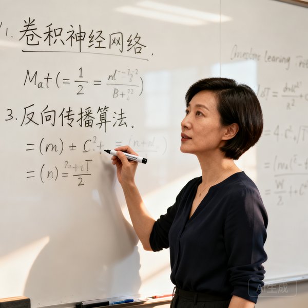 算法科学家陈璐，38岁女性，短发干练风格，站在白板前推导深度学习公式