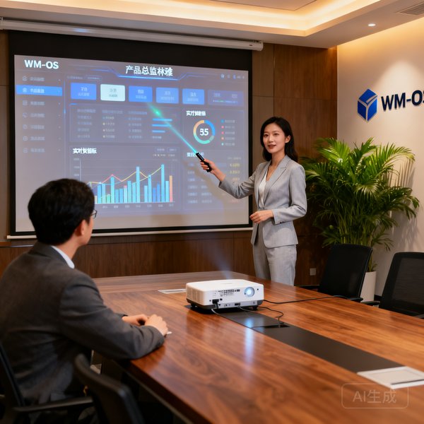 产品总监林雅，35岁女性，在会议室向客户演示WM-OS平台功能与数据看板